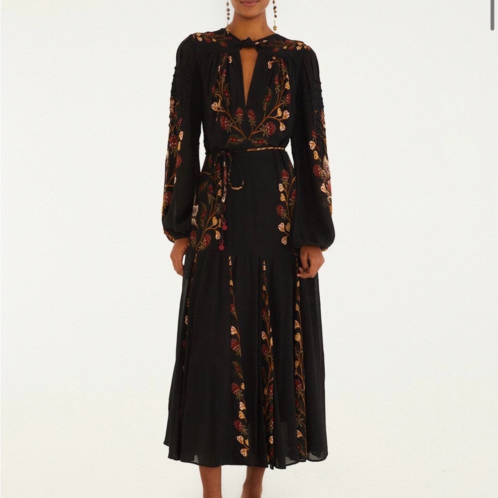 FARM Rio Black Berry Garden Long Sleeved pleated  maxi dress
